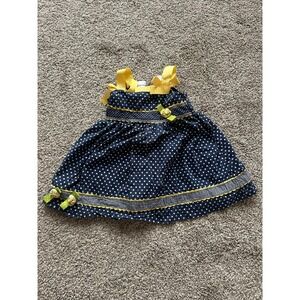 Blueberi Boulevard Navy Polka Dot Dress Yellow Ribbon Bows Rosettes Kids 12M